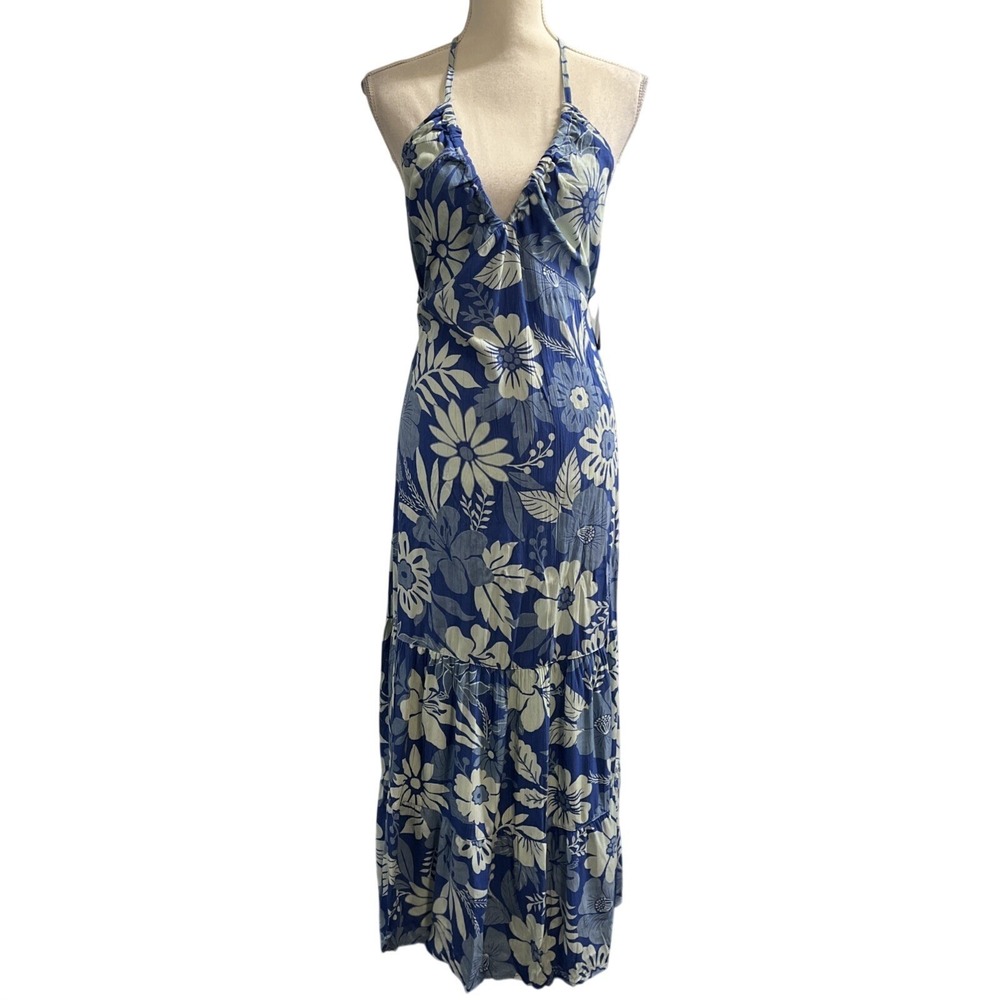 Angie Dress Blue Floral Babydoll Halter Tiered Maxi Size M Tropical Vacation